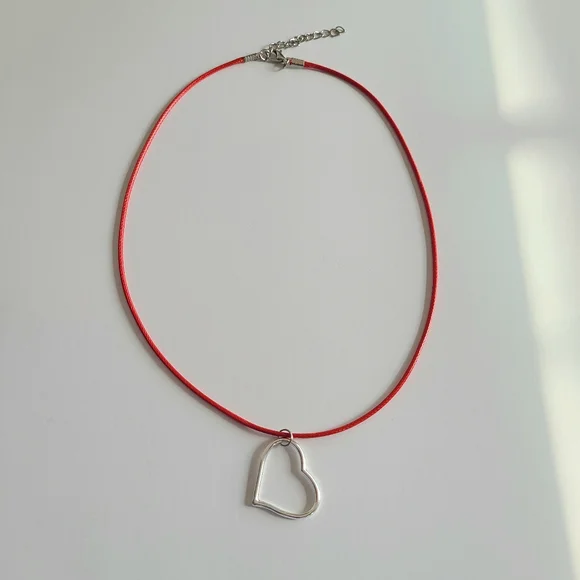 Silver Heart Red Cord Necklace - Picture 5 of 7